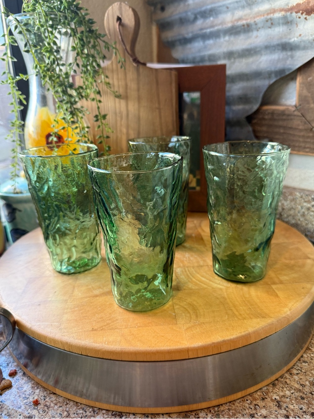 Vintage Verde By Kasco Italy Green Textured Art Glass Tumblers Set of 4